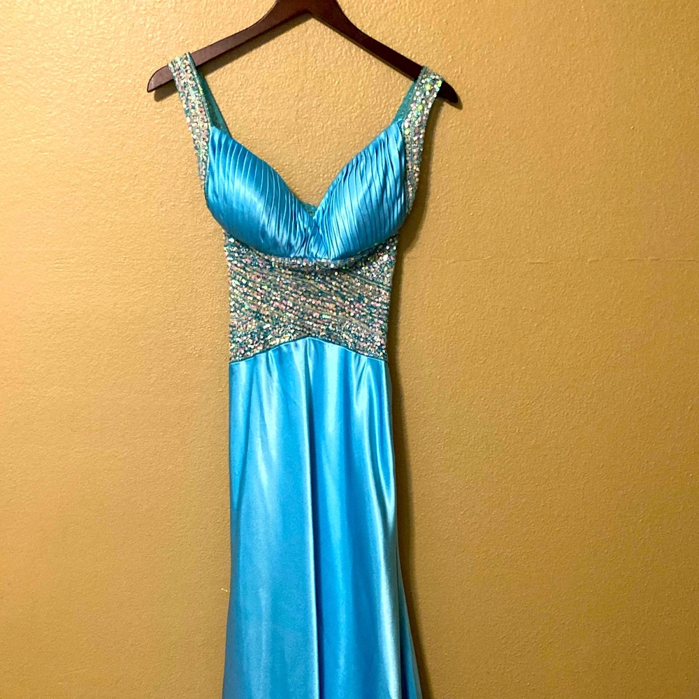 Alyce Designs Open Back Satin Prom Dress w Sequins